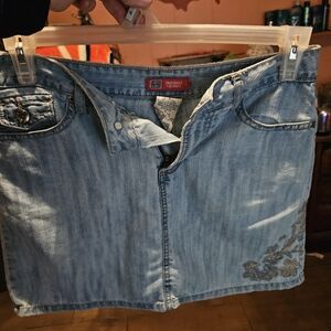 Light Blue Denim Skirt with Floral Embroidery